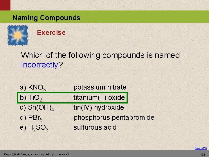 Naming Compounds Exercise Which of the following compounds is named incorrectly? a) KNO 3