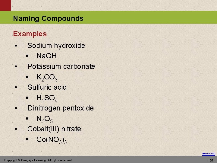 Naming Compounds Examples • • • Sodium hydroxide § Na. OH Potassium carbonate §