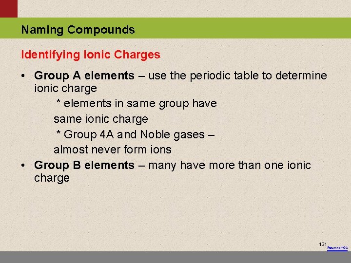 Naming Compounds Identifying Ionic Charges • Group A elements – use the periodic table