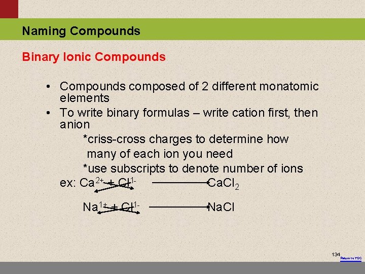 Naming Compounds Binary Ionic Compounds • Compounds composed of 2 different monatomic elements •