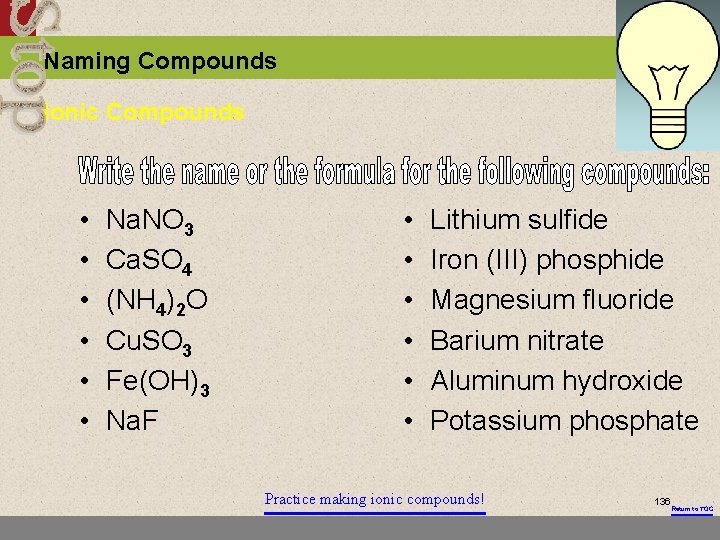 Naming Compounds Ionic Compounds • • • Na. NO 3 Ca. SO 4 (NH