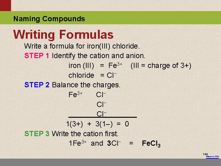 Naming Compounds Writing Formulas Write a formula for iron(III) chloride. STEP 1 Identify the