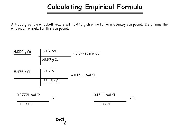 Calculating Empirical Formula A 4. 550 g sample of cobalt reacts with 5. 475