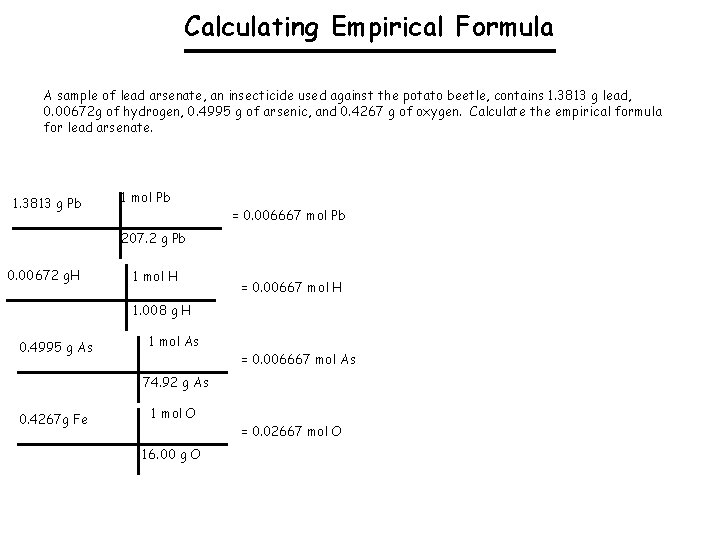 Calculating Empirical Formula A sample of lead arsenate, an insecticide used against the potato