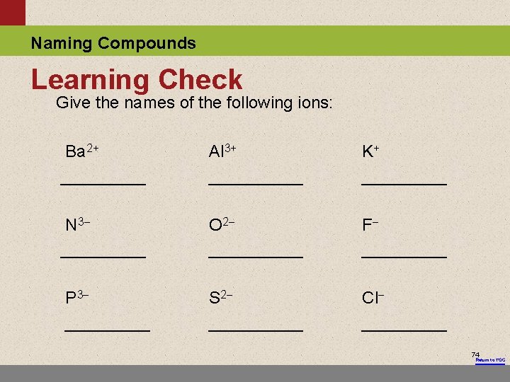 Naming Compounds Learning Check Give the names of the following ions: Ba 2+ _____