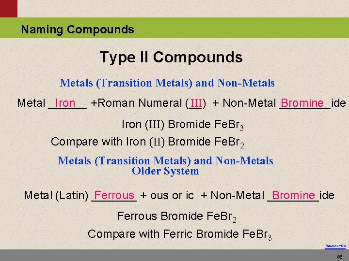 Naming Compounds Type II Compounds Metals (Transition Metals) and Non-Metals Iron +Roman Numeral (__)