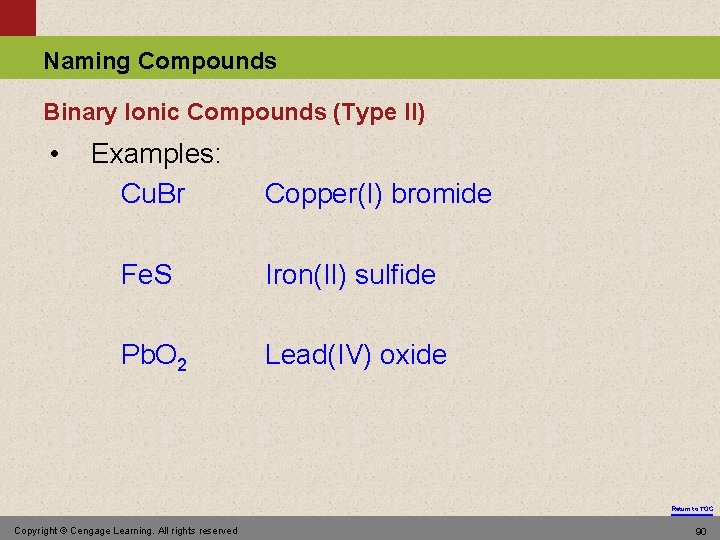 Naming Compounds Binary Ionic Compounds (Type II) • Examples: Cu. Br Copper(I) bromide Fe.