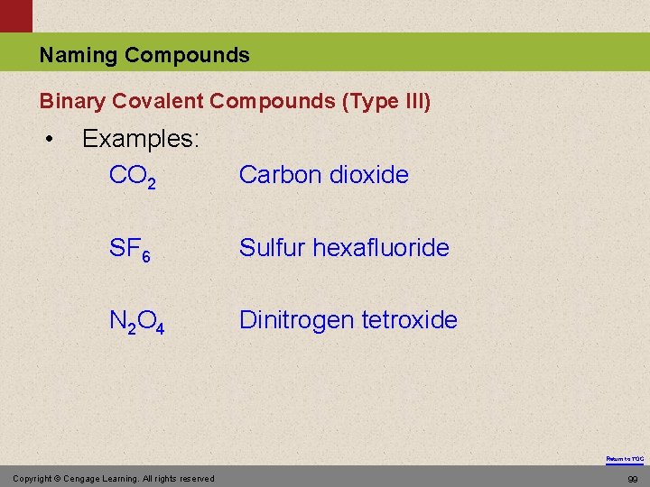 Naming Compounds Binary Covalent Compounds (Type III) • Examples: CO 2 Carbon dioxide SF