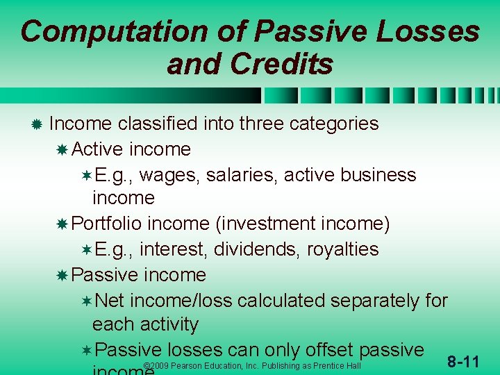 Computation of Passive Losses and Credits ® Income classified into three categories Active income