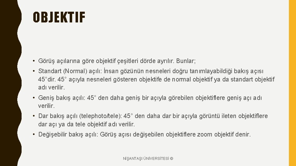 OBJEKTIF • Görüş açılarına göre objektif çeşitleri dörde ayrılır. Bunlar; • Standart (Normal) açılı: