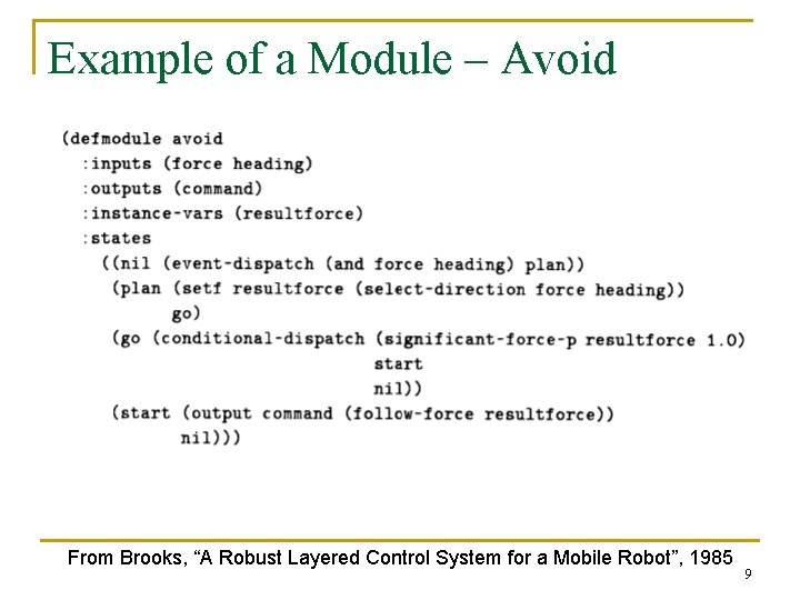 Example of a Module – Avoid From Brooks, “A Robust Layered Control System for Example of a Module – Avoid From Brooks, “A Robust Layered Control System for