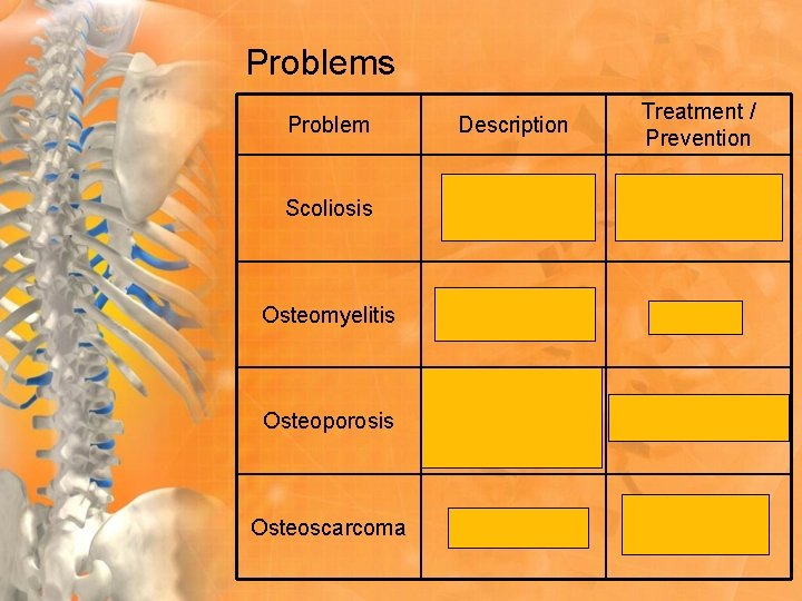 Problems Problem Description Treatment / Prevention Scoliosis Curvature of the spine Exercise if minor