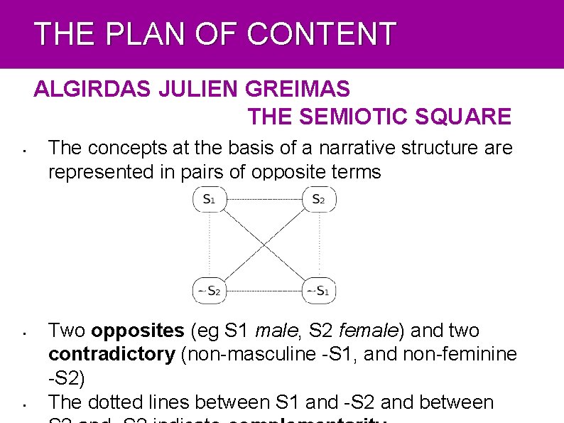 THE PLAN OF CONTENT ALGIRDAS JULIEN GREIMAS THE SEMIOTIC SQUARE • • • The