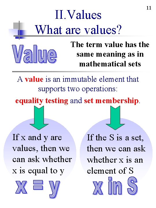 II. Values What are values? 11 The term value has the same meaning as II. Values What are values? 11 The term value has the same meaning as