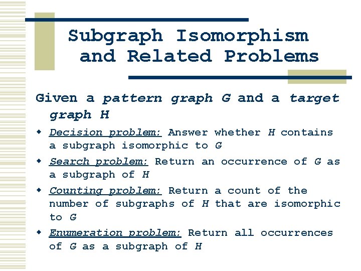Subgraph Isomorphism and Related Problems Given a pattern graph G and a target graph Subgraph Isomorphism and Related Problems Given a pattern graph G and a target graph