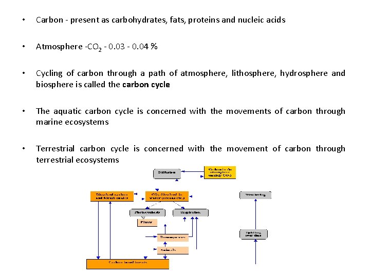  • Carbon - present as carbohydrates, fats, proteins and nucleic acids • Atmosphere