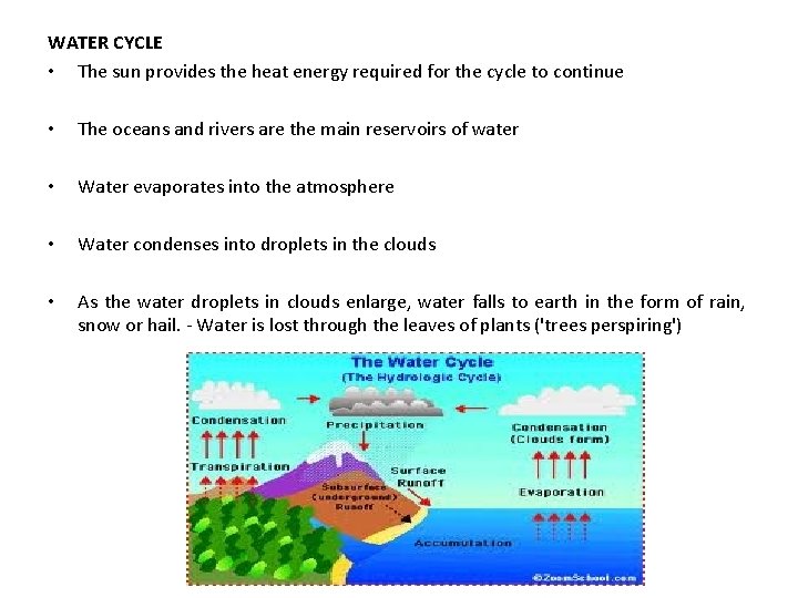 WATER CYCLE • The sun provides the heat energy required for the cycle to