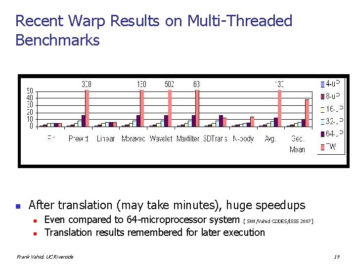 Recent Warp Results on Multi-Threaded Benchmarks n After translation (may take minutes), huge speedups