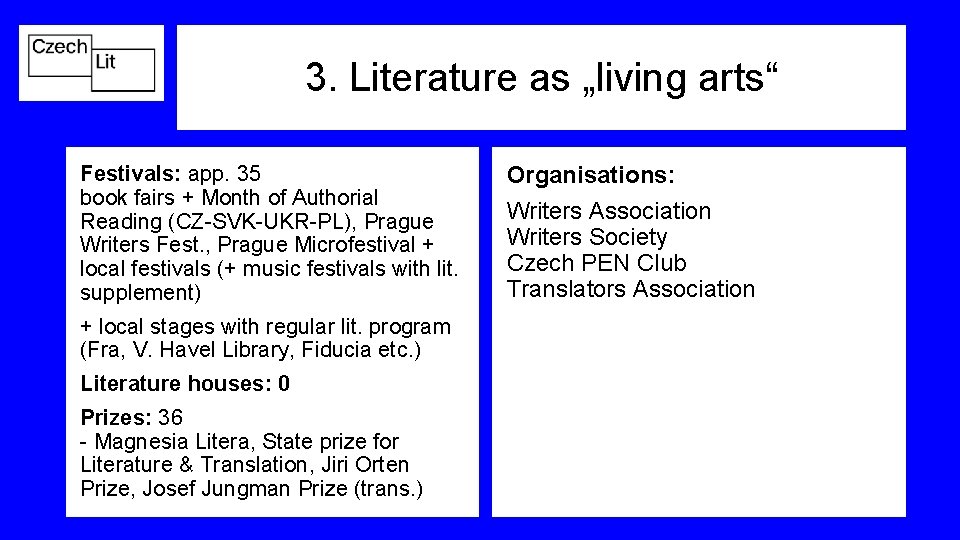 3. Literature as „living arts“ Festivals: app. 35 book fairs + Month of Authorial