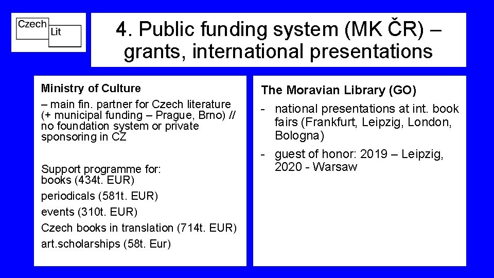 4. Public funding system (MK ČR) – grants, international presentations Ministry of Culture –