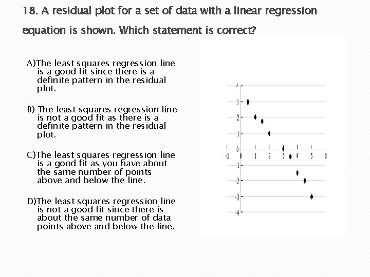 18. A residual plot for a set of data with a linear regression equation