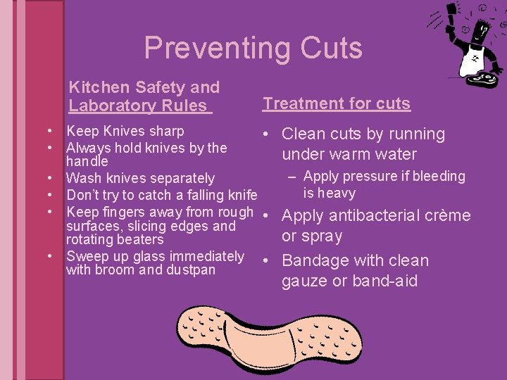 Preventing Cuts Kitchen Safety and Laboratory Rules Treatment for cuts • Keep Knives sharp