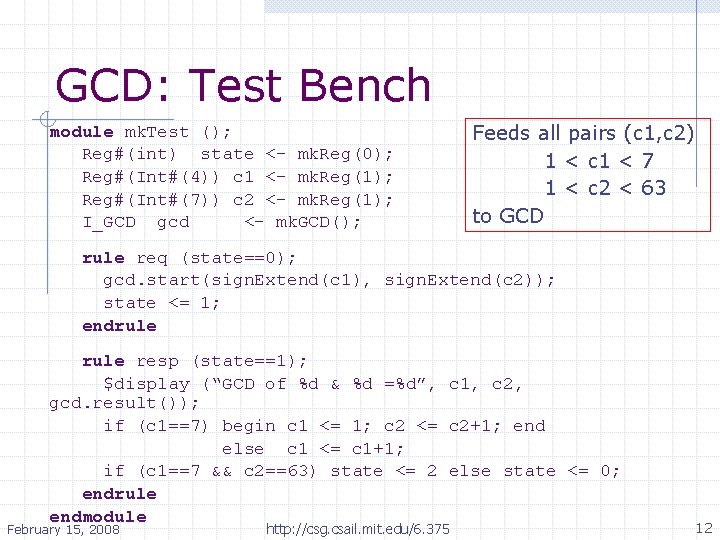 GCD: Test Bench module mk. Test (); Reg#(int) state <- mk. Reg(0); Reg#(Int#(4)) c
