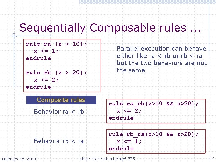 Sequentially Composable rules. . . rule ra (z > 10); x <= 1; endrule