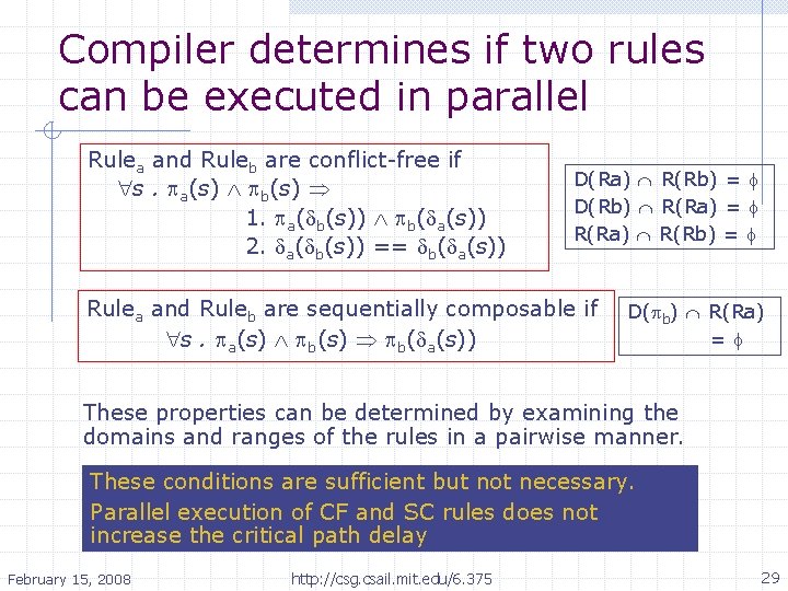 Compiler determines if two rules can be executed in parallel Rulea and Ruleb are