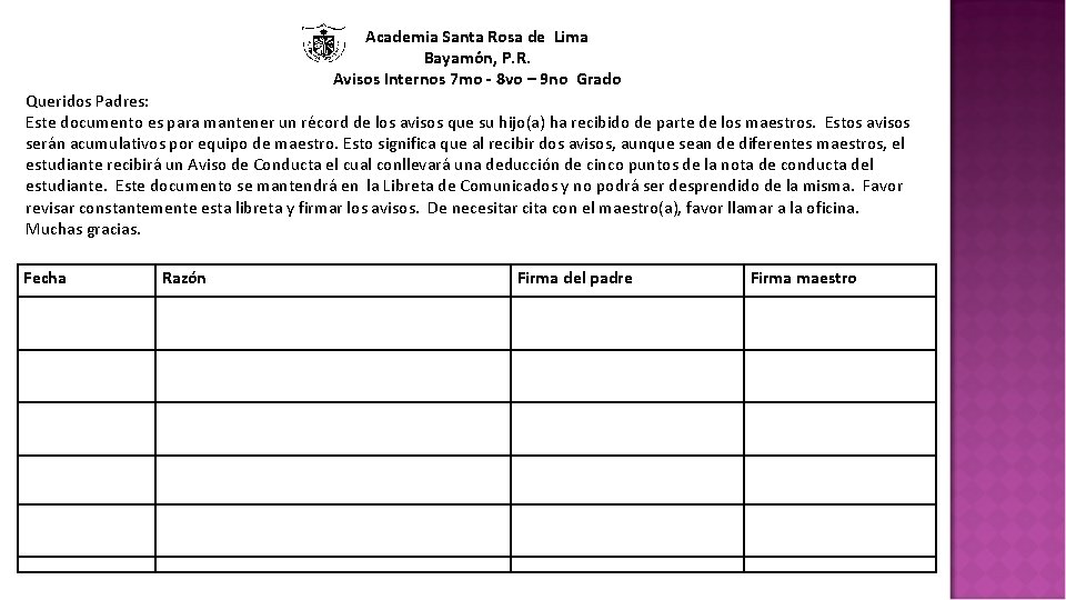 Academia Santa Rosa de Lima Bayamόn, P. R. Avisos Internos 7 mo - 8