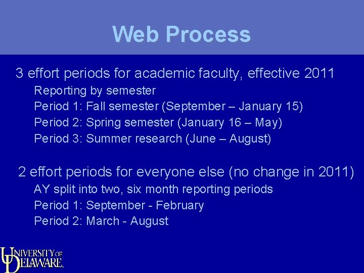 Web Process 3 effort periods for academic faculty, effective 2011 Reporting by semester Period