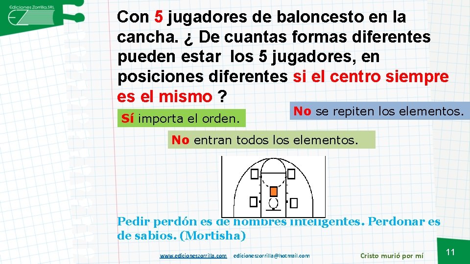 Con 5 jugadores de baloncesto en la cancha. ¿ De cuantas formas diferentes pueden