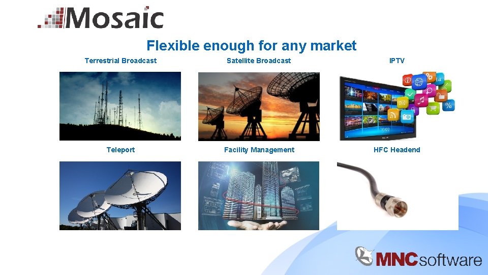 Flexible enough for any market Terrestrial Broadcast Satellite Broadcast IPTV Teleport Facility Management HFC