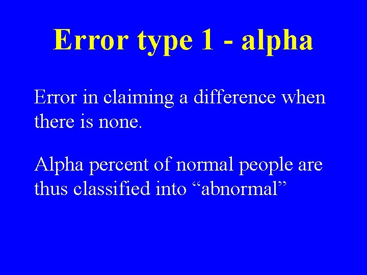 Error type 1 - alpha Error in claiming a difference when there is none.