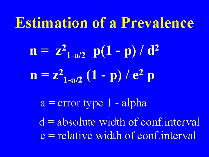 Estimation of a Prevalence n = z 21 -a/2 p(1 - p) / d