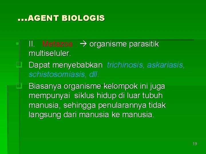 …AGENT BIOLOGIS § II. Metazoa : organisme parasitik multiseluler. q Dapat menyebabkan trichinosis, askariasis,