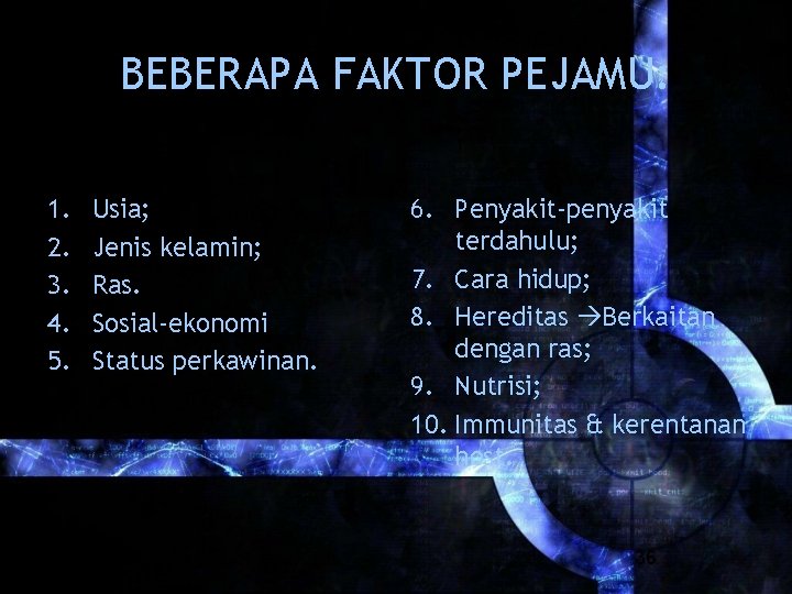 BEBERAPA FAKTOR PEJAMU: 1. 2. 3. 4. 5. Usia; Jenis kelamin; Ras. Sosial-ekonomi Status