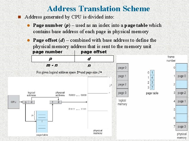 Address Translation Scheme n Address generated by CPU is divided into: l Page number