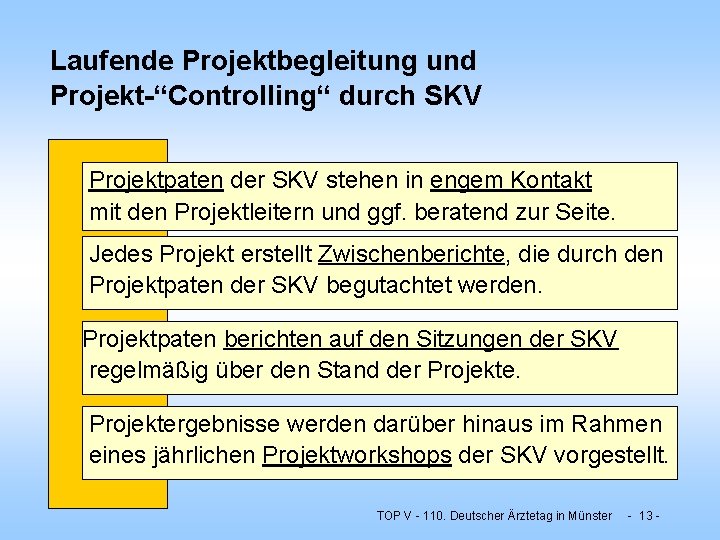 Laufende Projektbegleitung und Projekt-“Controlling“ durch SKV Projektpaten der SKV stehen in engem Kontakt mit