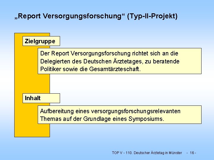 „Report Versorgungsforschung“ (Typ-II-Projekt) Zielgruppe Der Report Versorgungsforschung richtet sich an die Delegierten des Deutschen