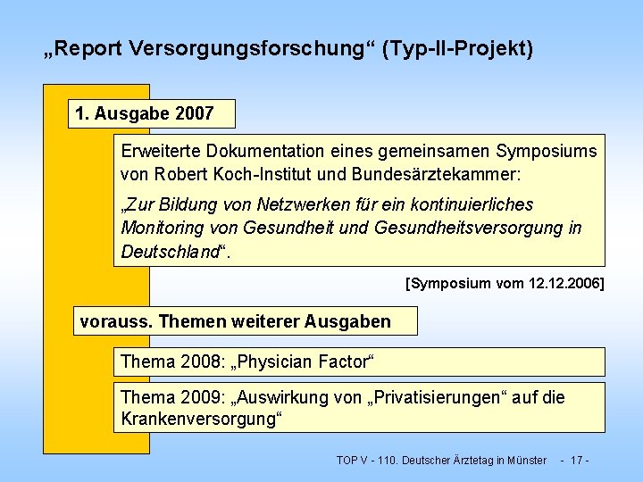 „Report Versorgungsforschung“ (Typ-II-Projekt) 1. Ausgabe 2007 Erweiterte Dokumentation eines gemeinsamen Symposiums von Robert Koch-Institut