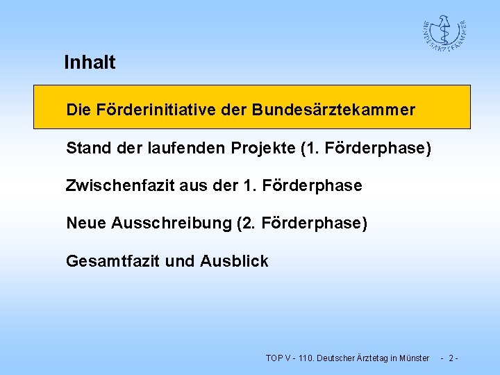 Inhalt Die Förderinitiative der Bundesärztekammer Stand der laufenden Projekte (1. Förderphase) Zwischenfazit aus der