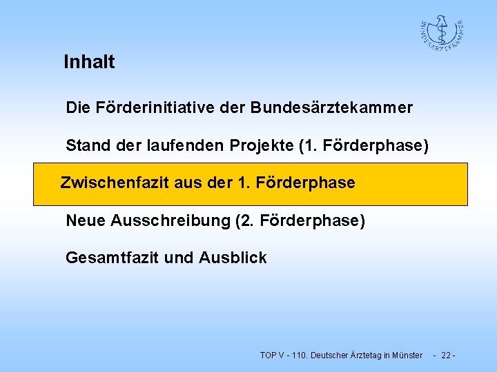 Inhalt Die Förderinitiative der Bundesärztekammer Stand der laufenden Projekte (1. Förderphase) Zwischenfazit aus der