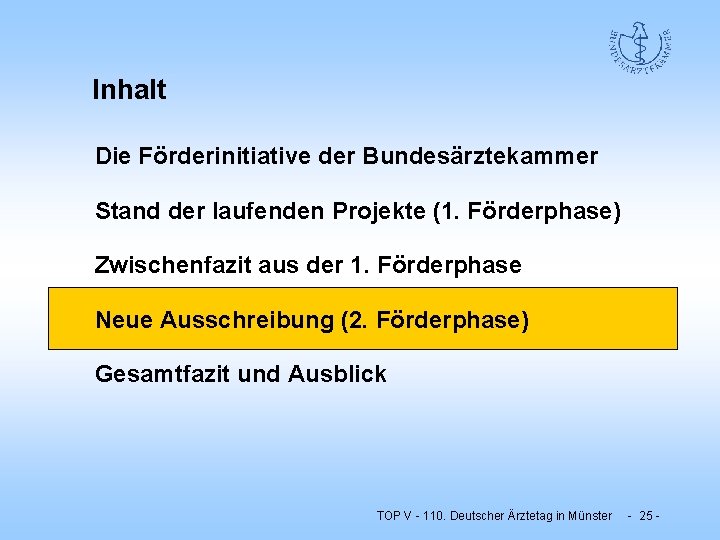 Inhalt Die Förderinitiative der Bundesärztekammer Stand der laufenden Projekte (1. Förderphase) Zwischenfazit aus der