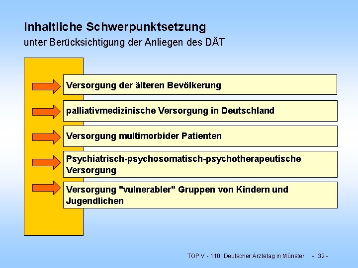 Inhaltliche Schwerpunktsetzung unter Berücksichtigung der Anliegen des DÄT Versorgung der älteren Bevölkerung palliativmedizinische Versorgung