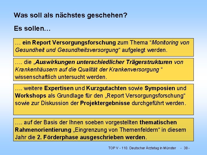 Was soll als nächstes geschehen? Es sollen… … ein Report Versorgungsforschung zum Thema “Monitoring