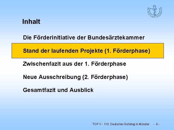 Inhalt Die Förderinitiative der Bundesärztekammer Stand der laufenden Projekte (1. Förderphase) Zwischenfazit aus der