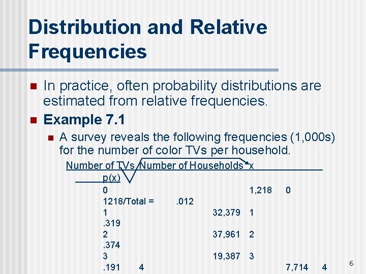 Distribution and Relative Frequencies n n In practice, often probability distributions are estimated from