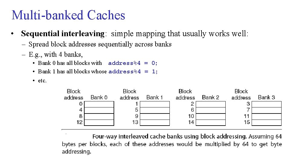 Multi-banked Caches • Sequential interleaving: simple mapping that usually works well: – Spread block