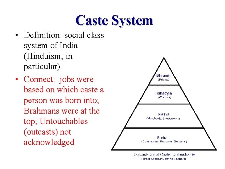 Caste System • Definition: social class system of India (Hinduism, in particular) • Connect: Caste System • Definition: social class system of India (Hinduism, in particular) • Connect: